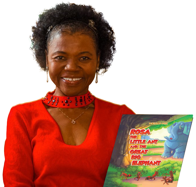 Dainty Nix holding the updated cover of Rosa the Little Ant and the Great Big Elephant