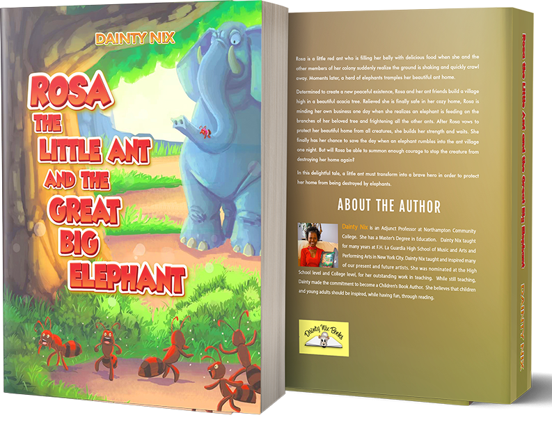 Standing front and back covers of Rosa the Little Ant and the Great Big Elephant by Dainty Nix